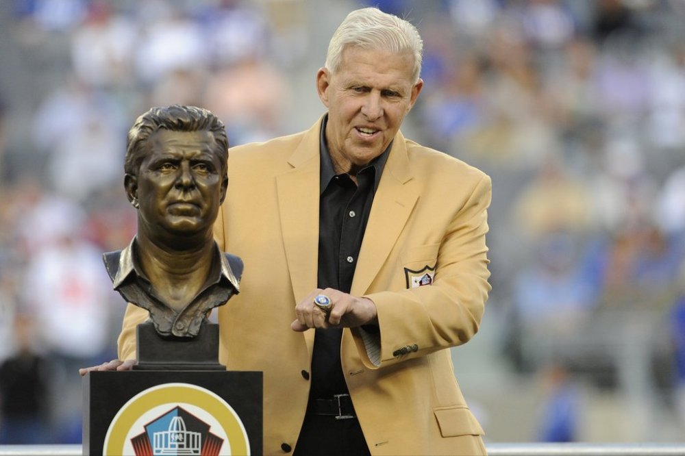 FILE - Bill Parcells poses for photographs during the halftime show of an NFL football game between the New York Giants and the Denver Broncos Sunday, Sept. 15, 2013, in East Rutherford, N.J. (AP Photo/Bill Kostroun, File)