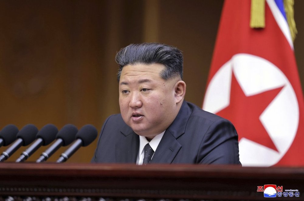 This photo provided by the North Korean government, shows North Korean leader Kim Jong Un speaks during a parliament session at the Supreme People’s Assembly, which was held on Sept. 20-21, 2025 in Pyongyang, North Korea. Independent journalists were not given access to cover the event depicted in this image distributed by the North Korean government. The content of this image is as provided and cannot be independently verified. Korean language watermark on image as provided by source reads: