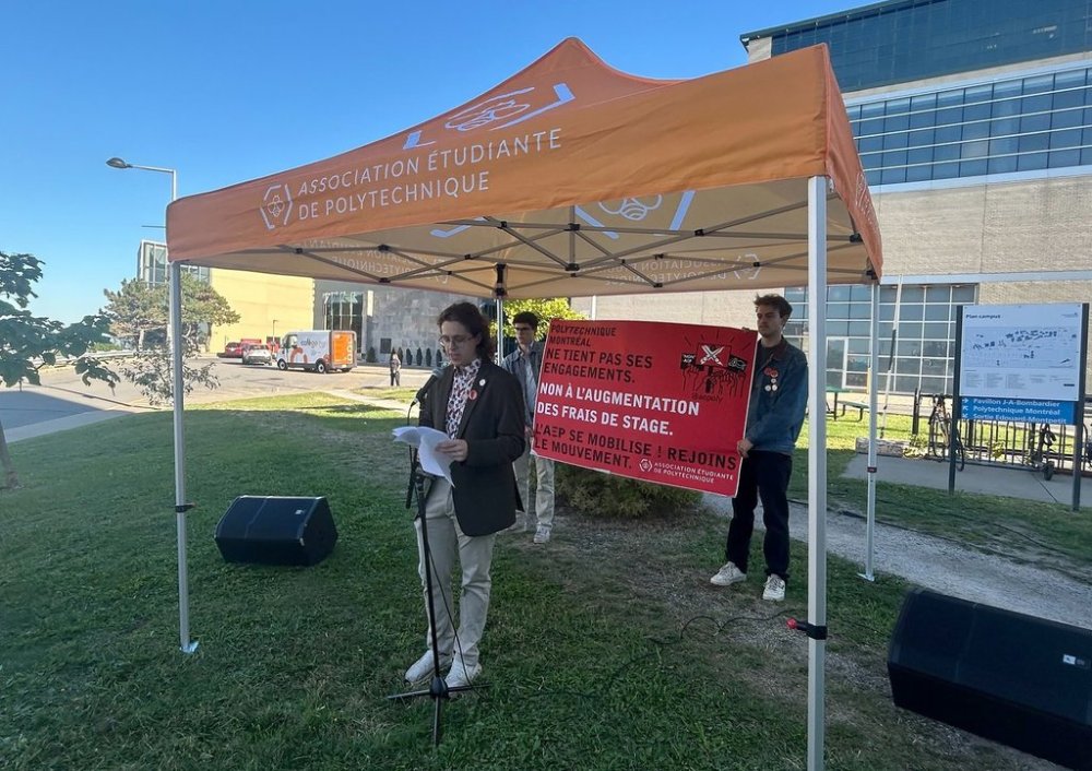 Gabriel Comby, president of the student union representing over 7,000 students at Polytechnique Montréal, speaking outside the school on Monday Sept. 15, 2025. THE CANADIAN PRESS/Miriam Lafontaine