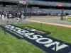 New York Yankees' Aaron Judge takes batting practice at Yankee Stadium in New York, Monday, Sept. 29, 2025, ahead of his team's Wild Card Series baseball opener against the Boston Red Sox. (AP Photo/Ron Blum)