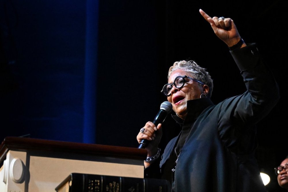 FILE - Rev. Gina Stewart preaches during church service at Rankin Chapel, April 7, 2024, in Washington. (AP Photo/Terrance Williams, File)