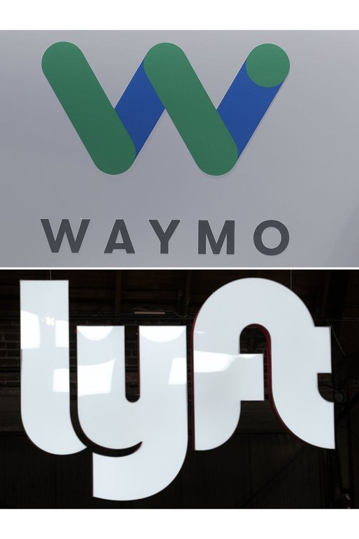 FILE - This photo combination shows a Waymo logo displayed on the door of a car in Mountain View, Calif., May 8, 2018 and a sign for Lyft in Los Angeles, March 29, 2019. (AP Photo/Jeff Chiu, Ringo H.W. Chiu, File)