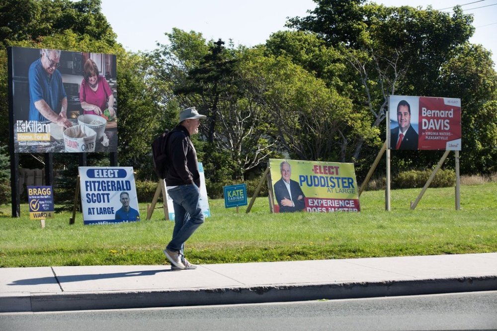 Provincial and municipal election signs shown around St. John's, N.L., on early Monday, Sept. 15, 2025. THE CANADIAN PRESS/Paul Daly