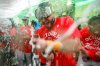 Boston Red Sox outfielder Wilyer Abreu celebrates with teammates after defeating the Detroit Tigers in a baseball game to advance to the post season, Friday, Sept. 26, 2025, in Boston. (AP Photo/Greg M. Cooper)
