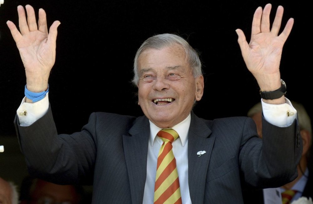 FILE - Former umpire Dickie Bird attends the first day of the first Test match at Lord's cricket ground in London, Thursday, May 21, 2015. (Anthony Devlin/PA via AP, File)
