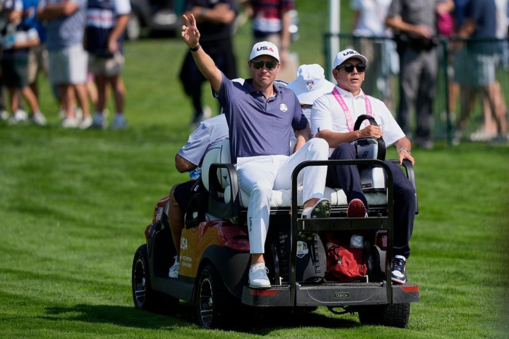 United States' Ben Griffin waves after a practice round for the Ryder Cup golf tournament, Tuesday, Sept. 23, 2025, in Farmingdale, N.Y., at Bethpage State Park's Black Course. (AP Photo/Robert Bukaty)