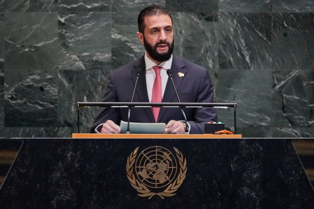 Syria interim President Ahmad Al-Sharaa addresses the 80th session of the United Nations General Assembly, Wednesday, Sept. 24, 2025. (AP Photo/Richard Drew)