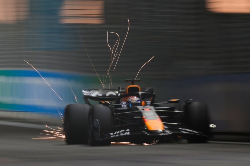 Red Bull driver Max Verstappen of the Netherlands in action during the qualifying for the Singapore Formula One Grand Prix at the Marina Bay Street Circuit in Singapore, Saturday, Oct. 4, 2025. (AP Photo/Vincent Thian)