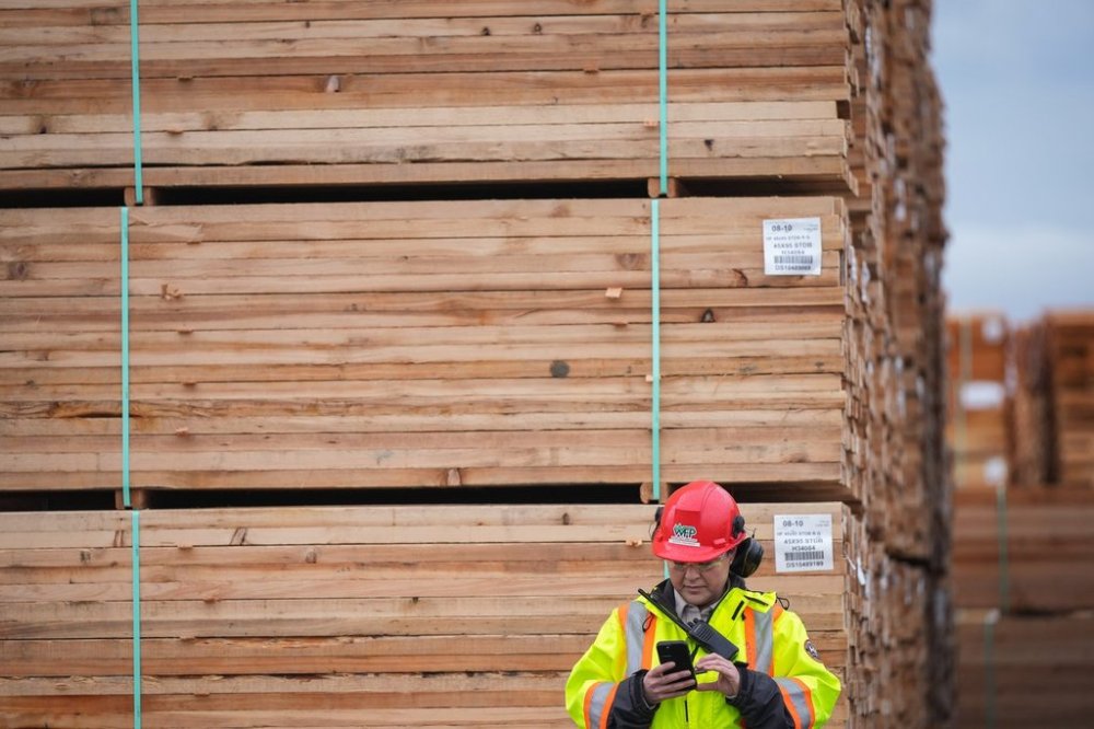A worker stands near a stack of lumber at the Western Forest Products Duke Point Sawmill, in Nanaimo, B.C., on March 28, 2025. THE CANADIAN PRESS/Darryl Dyck