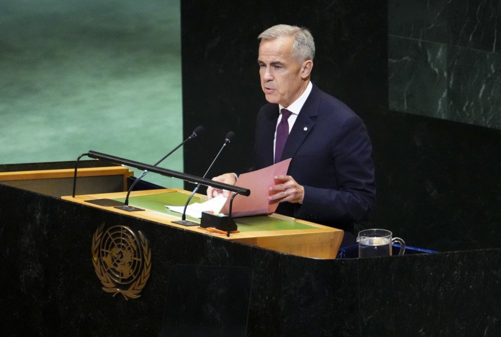 Prime Minister Mark Carney delivers a speech as he takes part in a high-level international conference for the peaceful settlement of the question of Palestine and the implementation of the two-state solution during the United Nations General Assembly (UNGA) in New York on Monday, Sept. 22, 2025. This year marks the 80th anniversary of UNGA. THE CANADIAN PRESS/Sean Kilpatrick