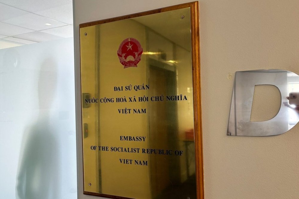 FILE - A sign outside the offices of the Vietnam Embassy in Wellington, New Zealand, on Dec. 12, 2024. (AP Photo/Charlotte Graham-McLay, File)