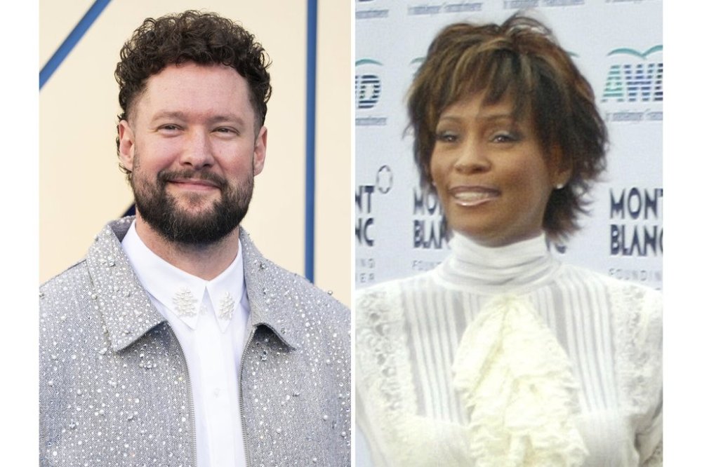 Calum Scott poses for photographers upon arrival at the launch event of the film 'Fantastic Four First Steps' on Thursday, July 10, 2025, in London, left, and Whitney Houston waves as she arrives for the