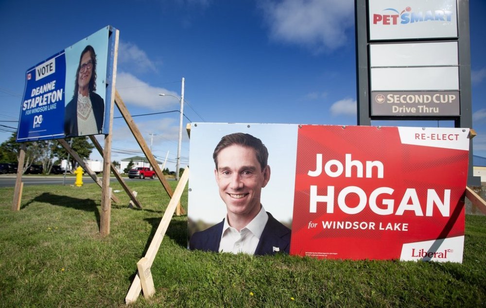 Provincial election signs shown around St. John's on early Monday, Sept. 15, 2025. THE CANADIAN PRESS/Paul Daly