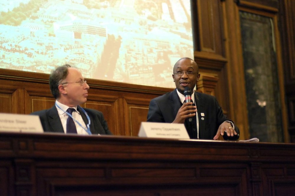 FILE - In this photo provided by Kerry Constabile, Mpho Parks Tau, Mayor of Johannesburg, launch the first State of City Climate Finance report at COP21 in Paris, Friday, Dec. 4, 2015. (Kerry Constabile via AP, File)