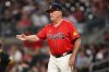 Atlanta Braves manager Brian Snitker walks to the mound to make a pitching change in the fifth inning of a baseball game against the Pittsburgh Pirates, Friday, Sept. 26, 2025, in Atlanta. (AP Photo/Colin Hubbard)