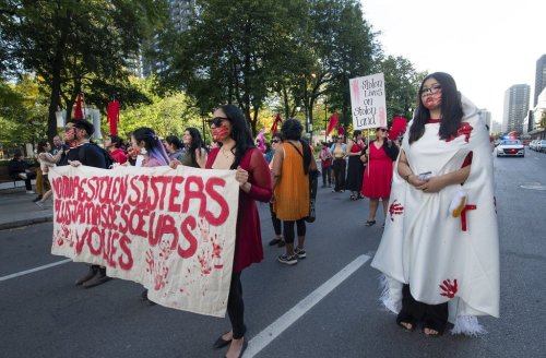 The Native Women’s Shelter of Montreal in partnership with Southern Quebec Inuit Association (SQIA) March for Missing and Murdered Indigenous Women, Girls, Trans and Two-Spirit People in Montreal, on Saturday, Oct. 4, 2025. THE CANADIAN PRESS/Peter McCabe