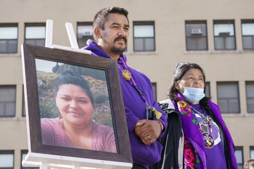 Carol Dube, husband of Joyce Echaquan, with her mother, Danielle, stand next to a photo of his wife during a memorial marking the first anniversary of her death in front of the hospital where she died in Joliette, Que. on Tuesday, Sept. 28, 2021. The 37-year-old Atikamekw mother of seven was humiliated by hospital staff just before she died. THE CANADIAN PRESS/Paul Chiasson
The Canadian Press