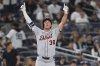 Detroit Tigers' Kerry Carpenter gestures after hitting a two-run triple during the seventh inning of a baseball game against the New York Yankees Tuesday, Sept. 9, 2025, in New York. (AP Photo/Frank Franklin II)