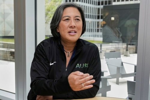 FILE - Athletes Unlimited Softball League Commissioner Kim Ng, a former Major League Baseball executive, is interviewed at Major League Baseball's headquarters in New York, May 29, 2025. (AP Photo/Richard Drew, File)