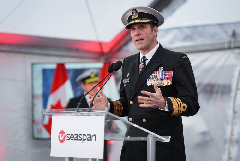 Vice-Admiral Angus Topshee, commander of the Royal Canadian Navy, speaks at Seaspan Shipyards in North Vancouver, B.C., on Friday, Dec. 13, 2024. THE CANADIAN PRESS/Darryl Dyck