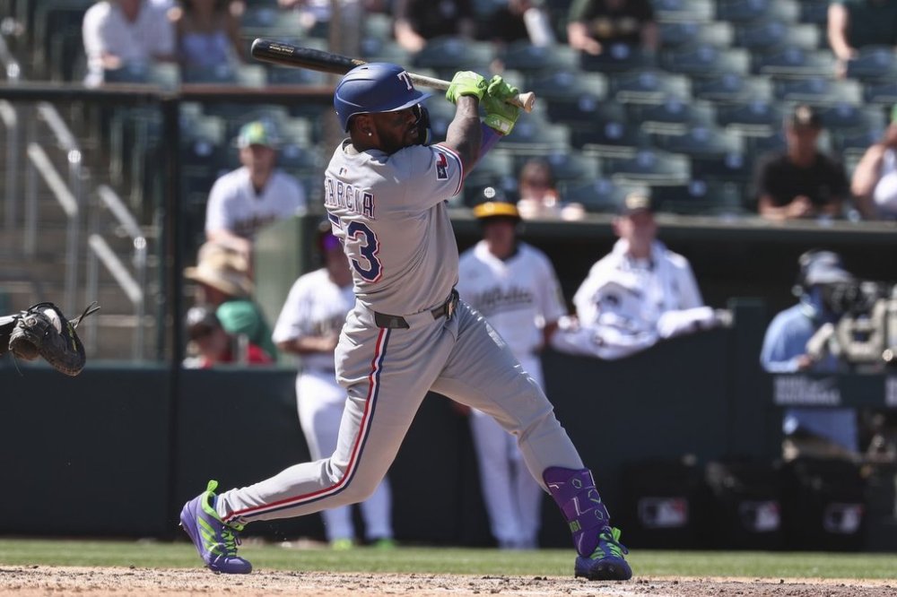 Texas Rangers' Adolis García hits an RBI single during the seventh inning of a baseball game against the Athletics, Sunday, Aug. 31, 2025, in West Sacramento, Calif. (AP Photo/Sara Nevis)
