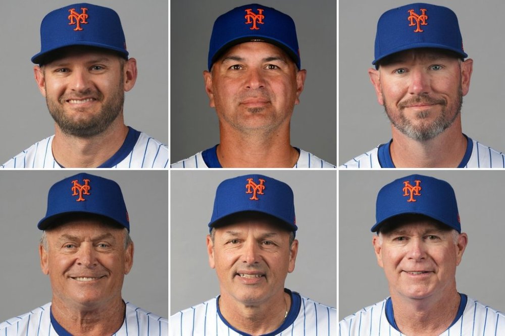 FILE - This combo of file photos shows New York Mets coaches, from top left, Jeremy Barnes, Eric Chavez and Jeremy Hefner, from bottom left, John Gibbons, Mike Sarbaugh and Glenn Sherlock. (AP Photo/File)