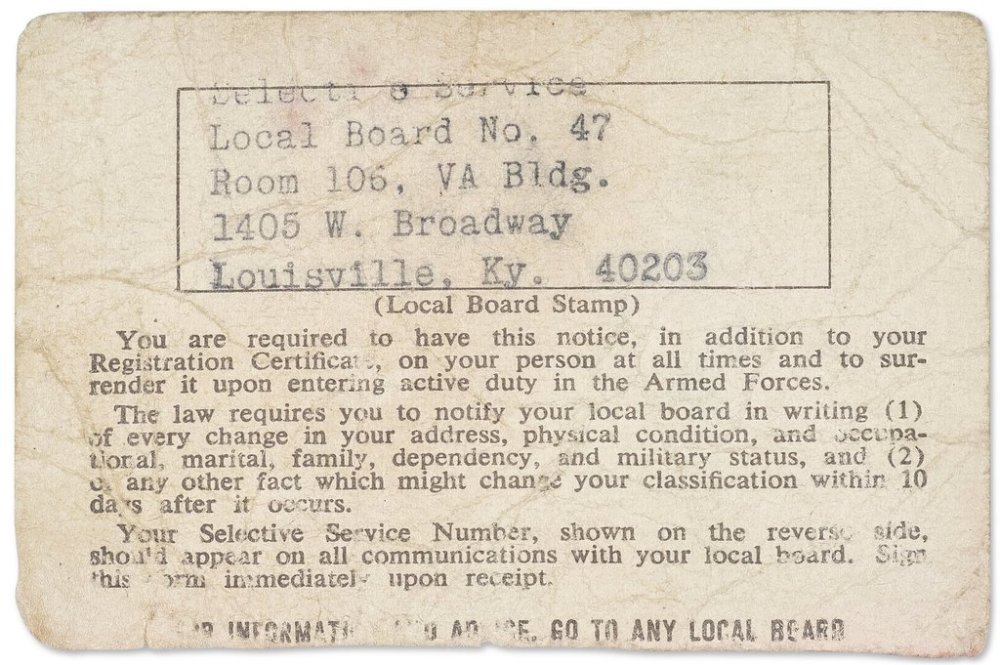 This image provided by Christie’s Auction House shows Muhammad Ali's draft card. (Christie’s Auction House via AP)