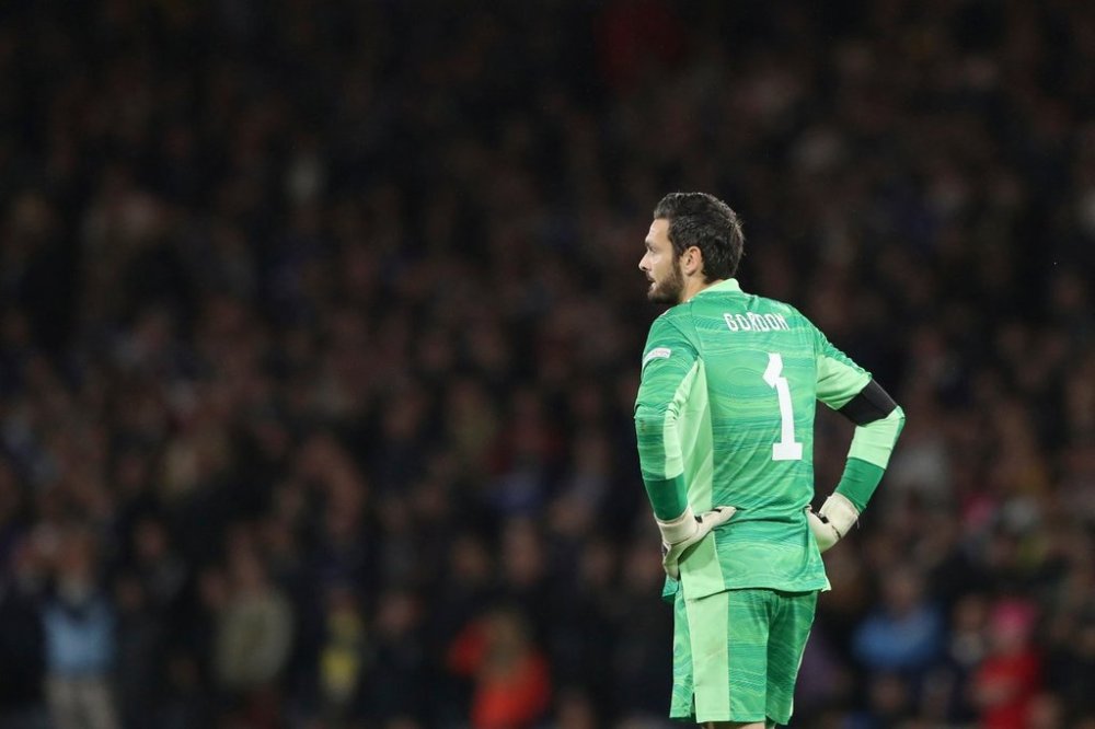 FILE - Scotland's goalkeeper Craig Gordon waits during the UEFA Nations League soccer match between Scotland and Ukraine, at Hampden Park, in Glasgow, Scotland, Sept. 21, 2022. (AP Photo/Scott Heppell, file)