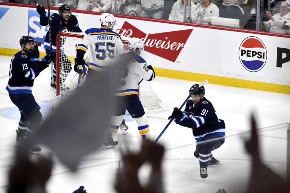 Winnipeg Jets' Cole Perfetti (91) celebrates his goal on the St. Louis Blues during second period NHL round one, game seven Stanley Cup playoff action in Winnipeg, Sunday May 4, 2025. THE CANADIAN PRESS/Fred Greenslade