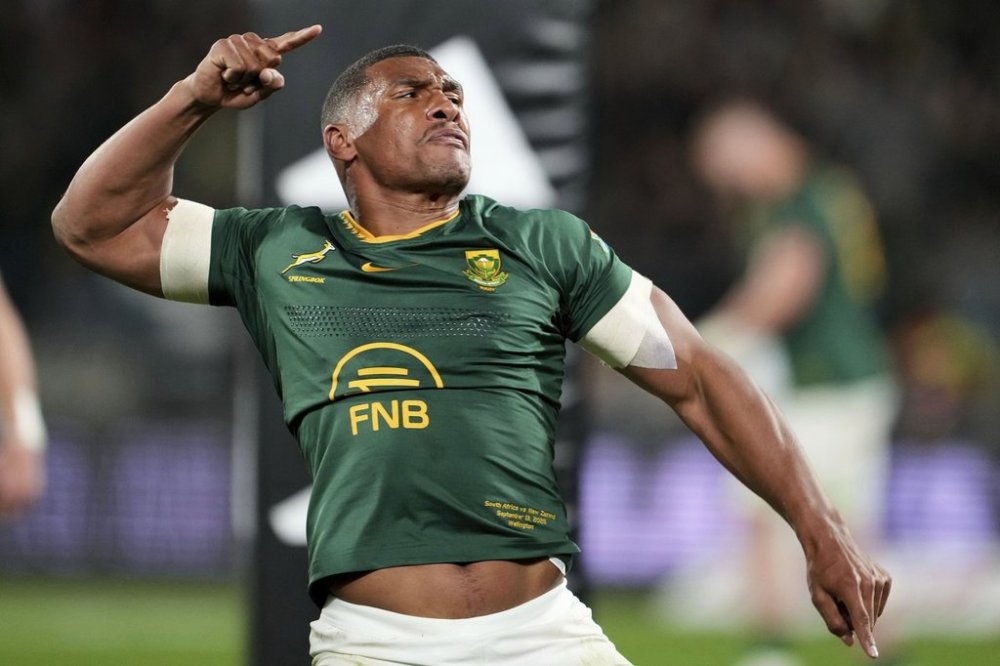 South Africa Damian Williamse celebrates after scoring a try during their Rugby Championship test match against New Zealand in Wellington, New Zealand, Saturday, Sept. 13, 2025. (AP Photo/Marty Melville)