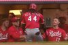 Cincinnati Reds' Elly De La Cruz is congratulated after hitting a home run during the second inning of a baseball game against the Milwaukee Brewers Sunday, Sept. 28, 2025, in Milwaukee. (AP Photo/Morry Gash)