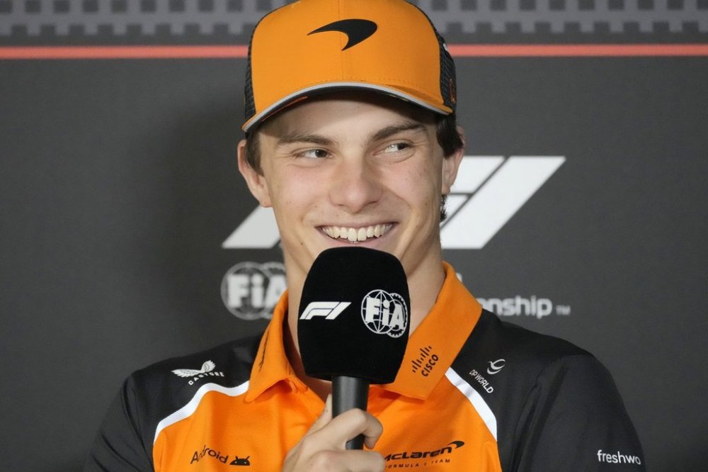 McLaren driver Oscar Piastri of Australia attends a news conference at the Baku City Circuit, ahead of the Azerbaijan Formula One Grand Prix in Baku, Azerbaijan, Thursday, Sept. 18, 2025. (AP Photo/Darko Bandic)