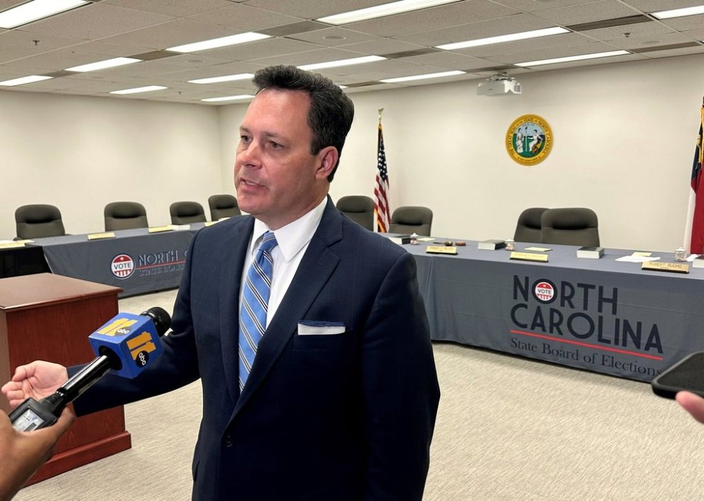 North Carolina State Board of Elections Executive Director Sam Hayes speaks with reporters after a board meeting on Monday, Sept. 8, 2025, in Raleigh, N.C. (AP Photo/Gary D. Robertson)