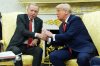 President Donald Trump, right, shakes the hand of Turkish President Recep Tayyip Erdogan during a meeting in the Oval Office of the White House, Thursday, Sept. 25, 2025, in Washington. (AP Photo/Evan Vucci)
