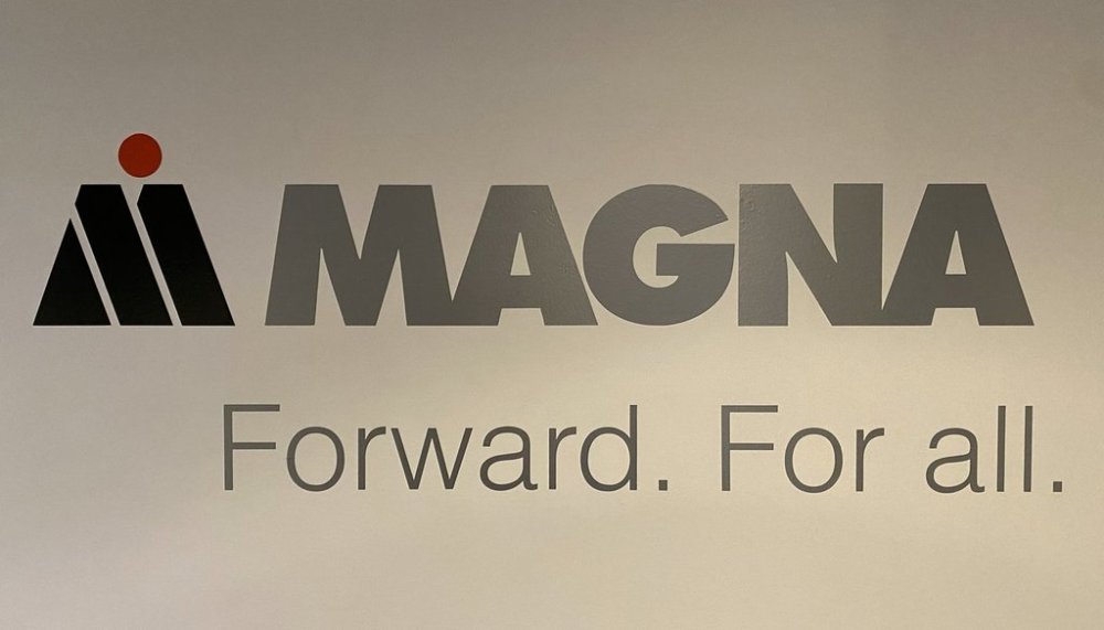 A Magna logo is shown in Milton, Ont. on Saturday, March 24, 2023. THE CANADIAN PRESS/Staff