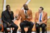 LeBron James, center, shares a light moment with Dwyane Wade, left, and Mike Krzyzewski, during the enshrinement for the 2008 USA Basketball Men's National Team in the Basketball Hall of Fame, Saturday, Sept. 6, 2025, in Springfield, Mass. (AP Photo/Jessica Hill)