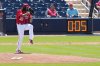 FILE - Washington Nationals starting pitcher Trevor Williams (32) winds up to throw as the pitch clock runs during the fourth inning of a spring training baseball game against the Miami Marlins, March 18, 2023, in West Palm Beach, Fla. (AP Photo/Lynne Sladky, File)WLD