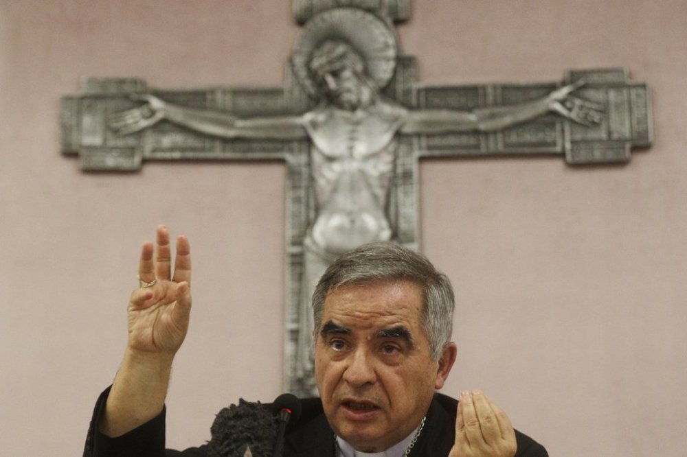 FILE — Cardinal Angelo Becciu talks to journalists during news conference in Rome, Sept. 25, 2020. (AP Photo/Gregorio Borgia, File)