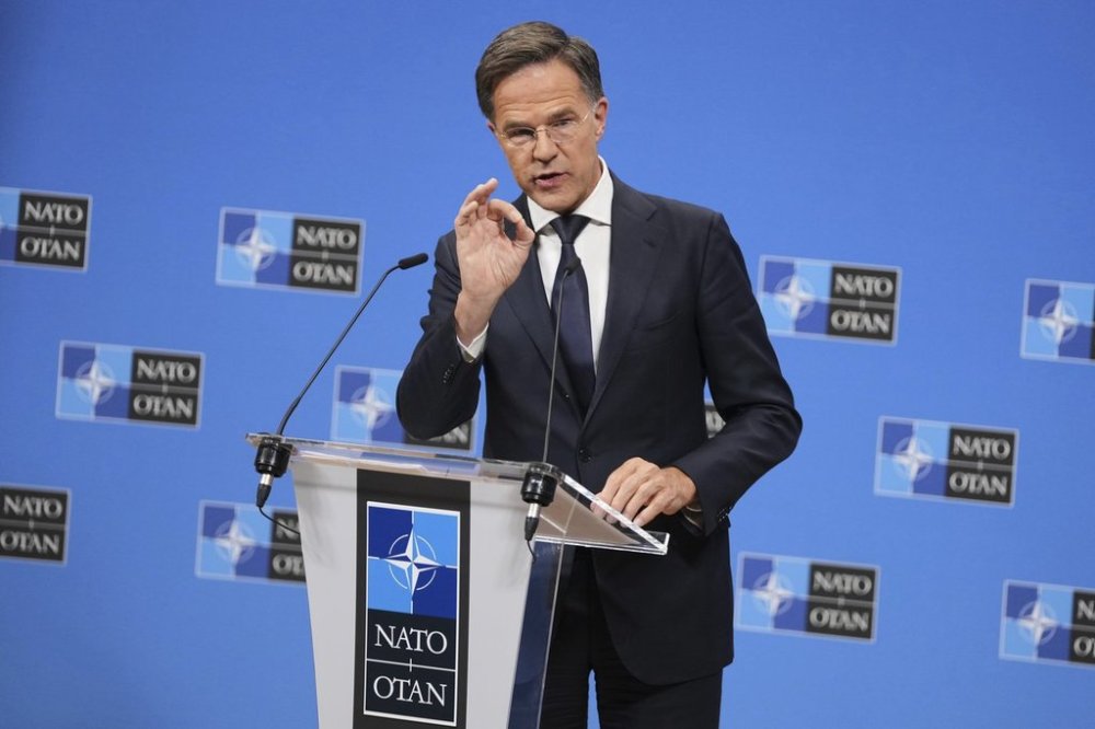 NATO Secretary General Mark Rutte speaks during a media conference at NATO headquarters in Brussels, Tuesday, Sept. 23, 2025. (AP Photo/Virginia Mayo)