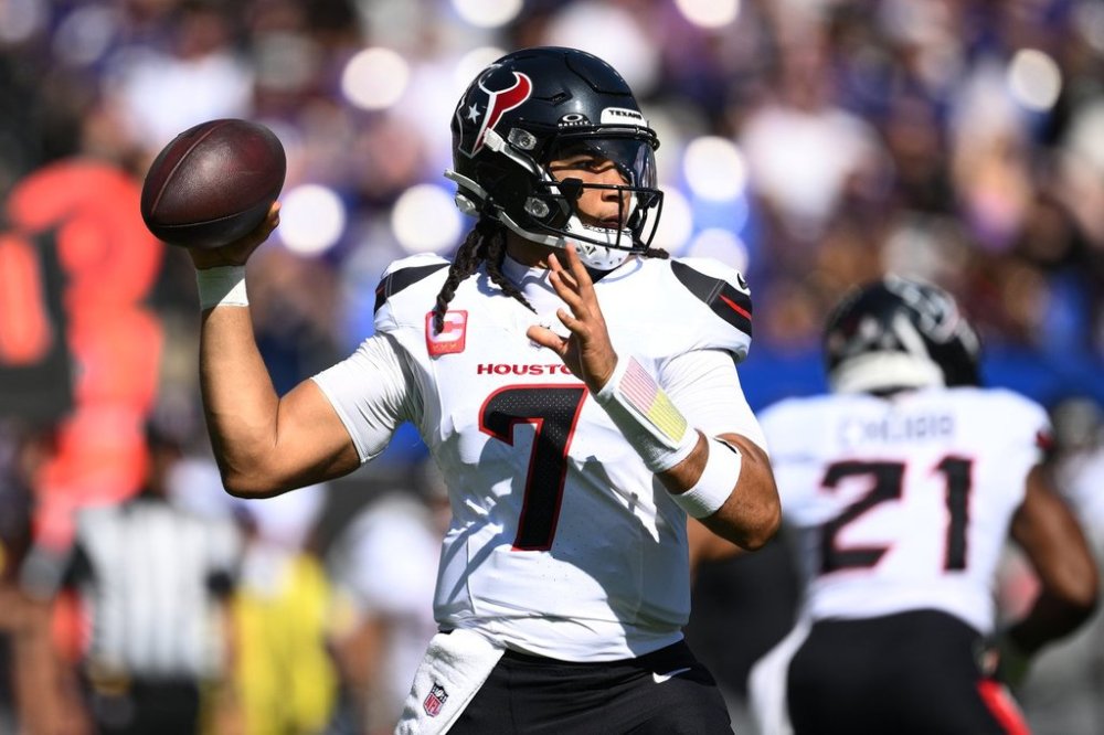 Houston Texans quarterback C.J. Stroud (7) throws during the first half of an NFL football game against the Baltimore Ravens, Sunday, Oct. 5, 2025, in Baltimore. (AP Photo/Nick Wass)