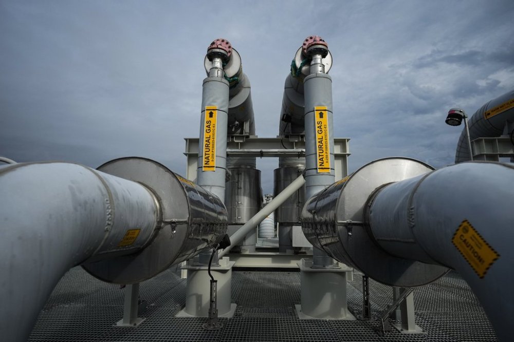 Piping is seen on the top of a receiving platform which will be connected to the Coastal GasLink natural gas pipeline terminus at the LNG Canada export terminal under construction, in Kitimat, B.C., on Wednesday, Sept. 28, 2022. THE CANADIAN PRESS/Darryl Dyck