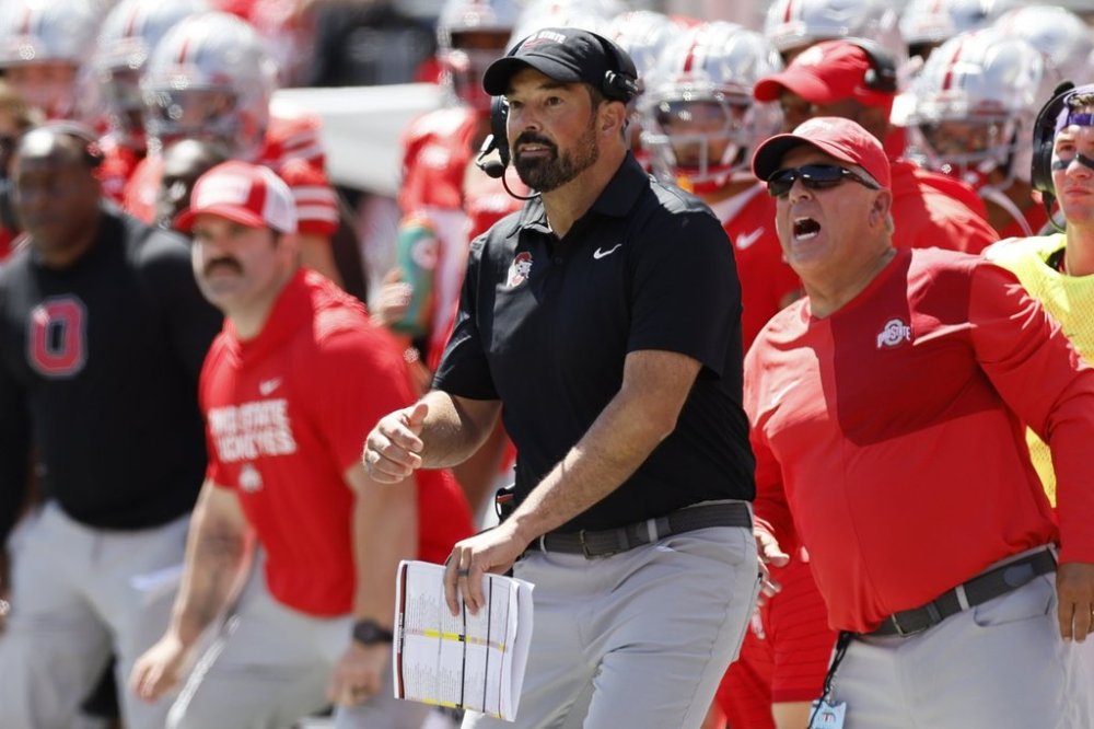 Ohio State head coach Ryan Day watches his team play against Texas during the first half of an NCAA college football game, Saturday, Aug. 30, 2025, in Columbus, Ohio. (AP Photo/Jay LaPrete)