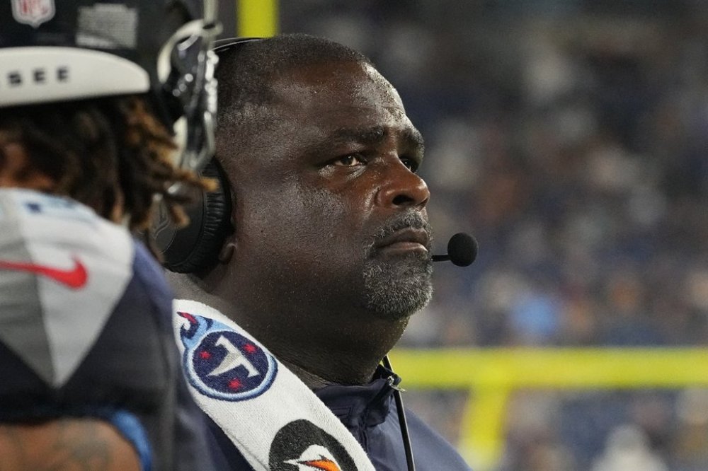 FILE - Tennessee Titans assistant head coach Terrell Williams looks out from the sideline in the second half of an NFL preseason football game against the New England Patriots, Aug. 25, 2023, in Nashville, Tenn. (AP Photo/George Walker IV, File)