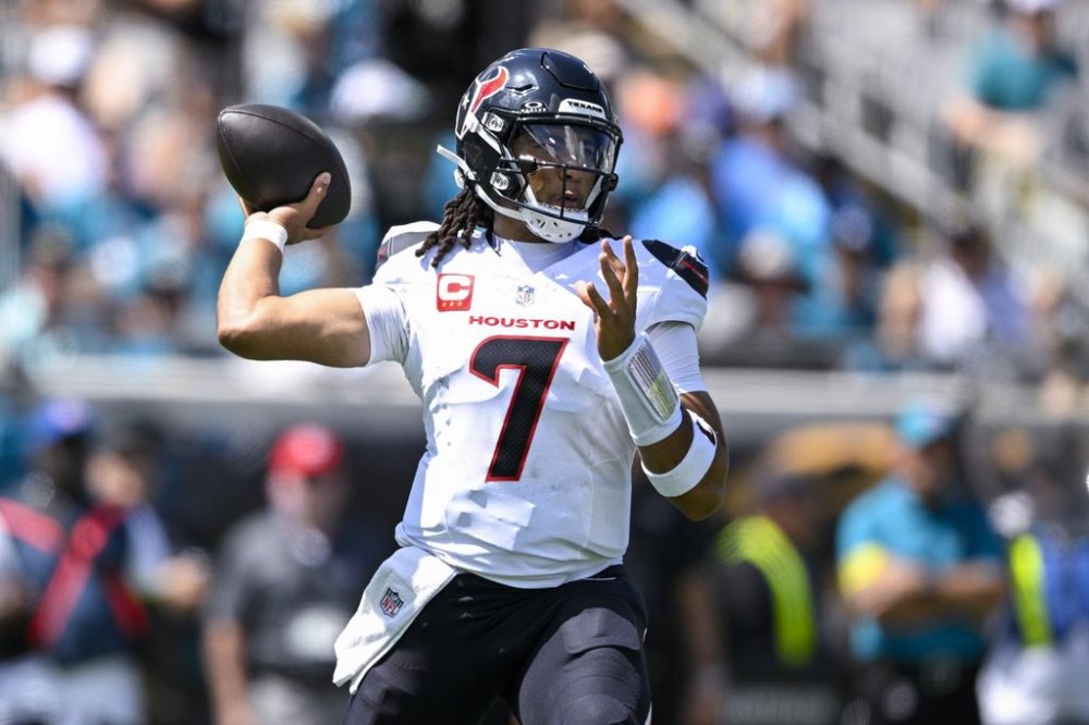Houston Texans quarterback CJ. Stroud throws a pass against the Jacksonville Jaguars during the first half of an NFL football game Sunday, Sept. 21, 2025, in Jacksonville, Fla. (AP Photo/Phelan M. Ebenhack)