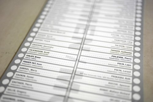 An example of a ballot for the riding of Carleton, showing the names of Conservative Leader Pierre Poilievre and Liberal Party of Canada candidate Bruce Fanjoy, is seen at the Elections Canada Distribution Centre on the day of the federal election in Ottawa on April 28, 2025. THE CANADIAN PRESS/Justin Tang