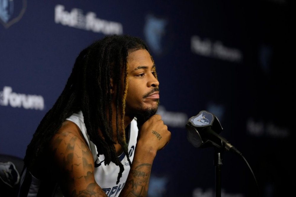 Memphis Grizzlies guard Ja Morant speaks during a news conference at the NBA basketball team's media day Monday, Sept. 29, 2025, in Memphis, Tenn. (AP Photo/George Walker IV)