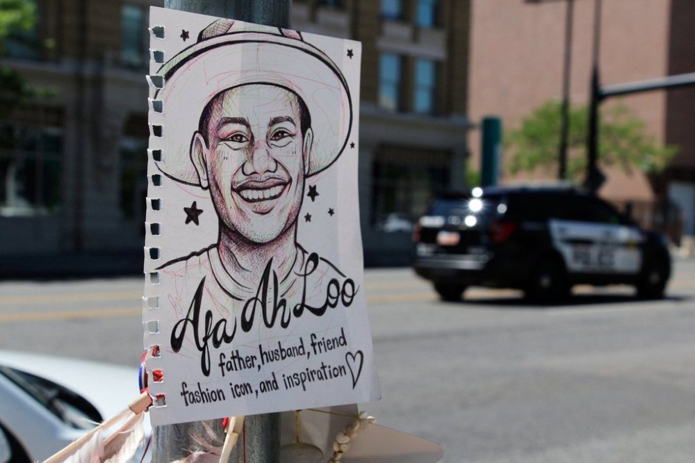 FILE - A makeshift memorial for Arthur Folasa Ah Loo, known to friends and family as Afa, is seen, June 17, 2025, in downtown Salt Lake City, on the block where Ah Loo was fatally shot during a