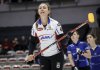 Team Homan skip Rachel Homan reacts to her shot against Team Brown during the women's final at the PointsBet Invitational in Calgary, Sunday, Oct. 5, 2025. THE CANADIAN PRESS/Jeff McIntosh