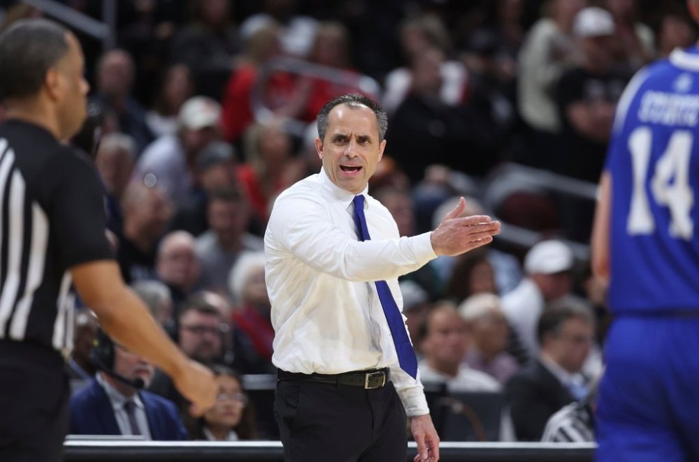 FILE - Drake head coach Ben McCollum has words with the referee during the first half against Texas Tech in the second round of the NCAA college basketball tournament, March 22, 2025, in Wichita, Kan. (AP Photo/Travis Heying, File)