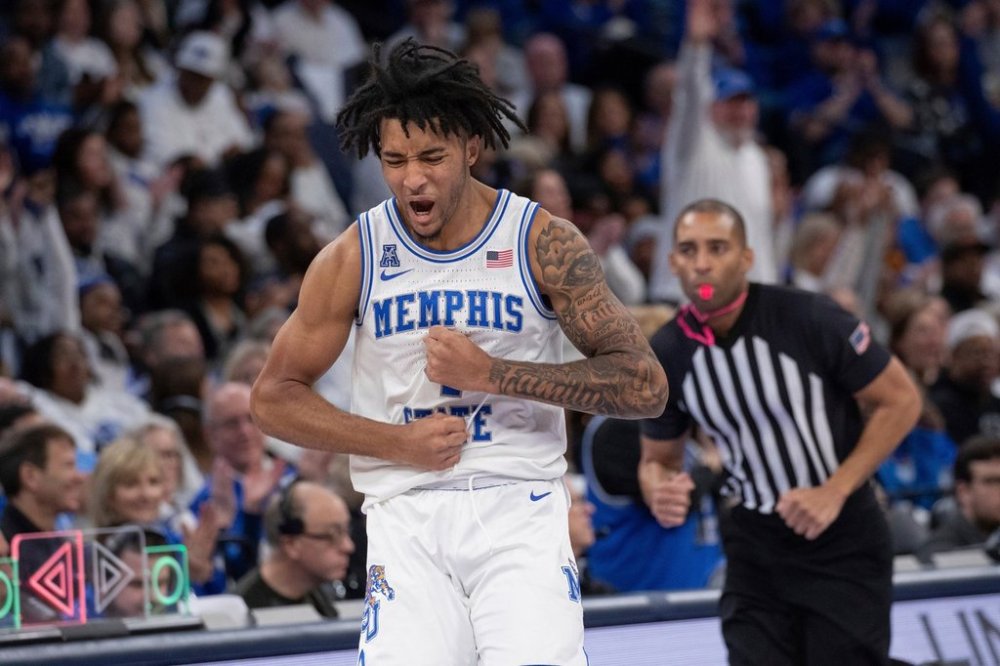FILKE - Memphis guard PJ Haggerty celebrates during the second half of an NCAA college basketball game against UAB, Sunday, Jan. 26, 2025, in Memphis, Tenn. (AP Photo/Nikki Boertman, FIle)